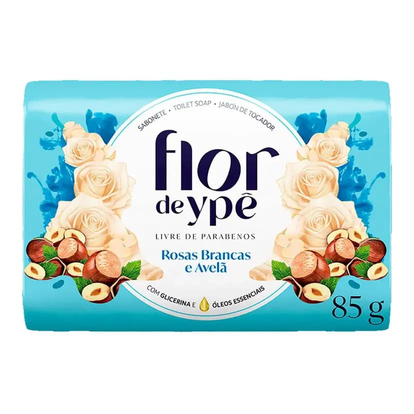 SABONETE EM BARRA FLOR DE YPÊ ROSAS BRANCAS E AVELÃ 85G 