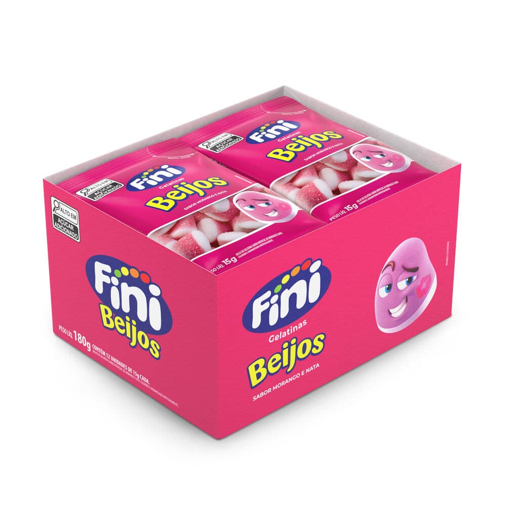 Mini Beijos de Morango com 12 pacotes de 15g cada - Fini